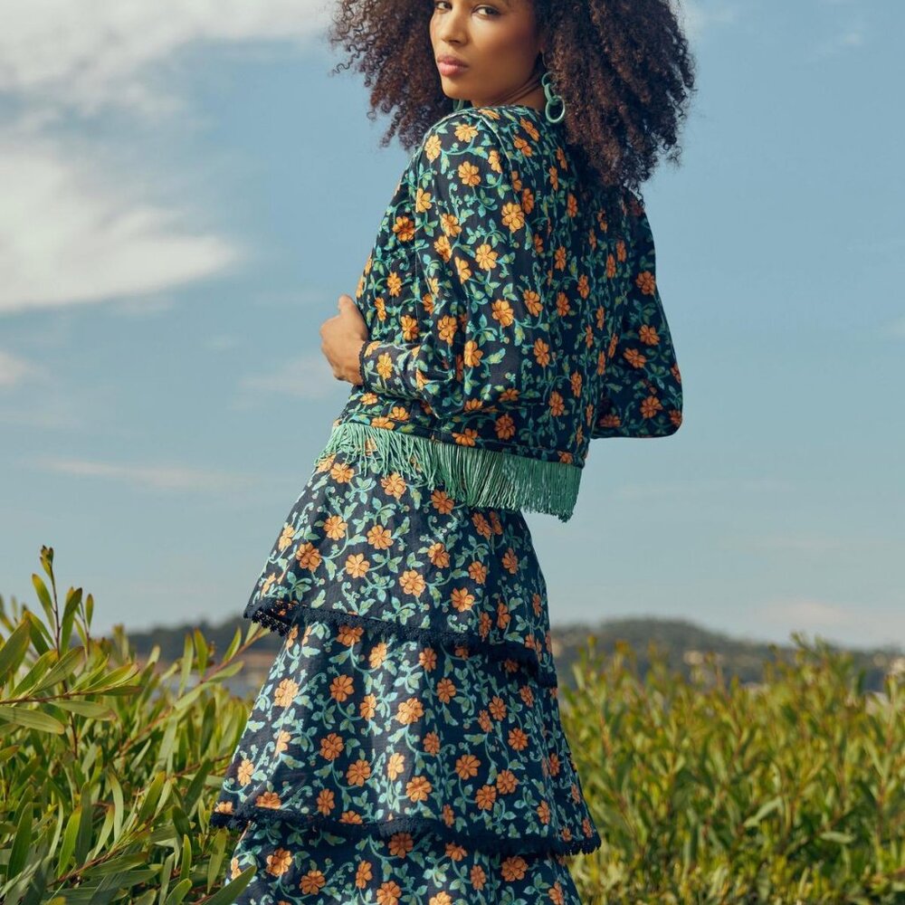 Brenda Tiered Skirt - Faded Black/Bright Clementine & Moss Floral - Picture 6 of 7